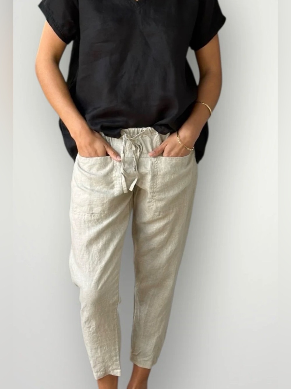 Jessie Ankle Linen Pants in Light Beige